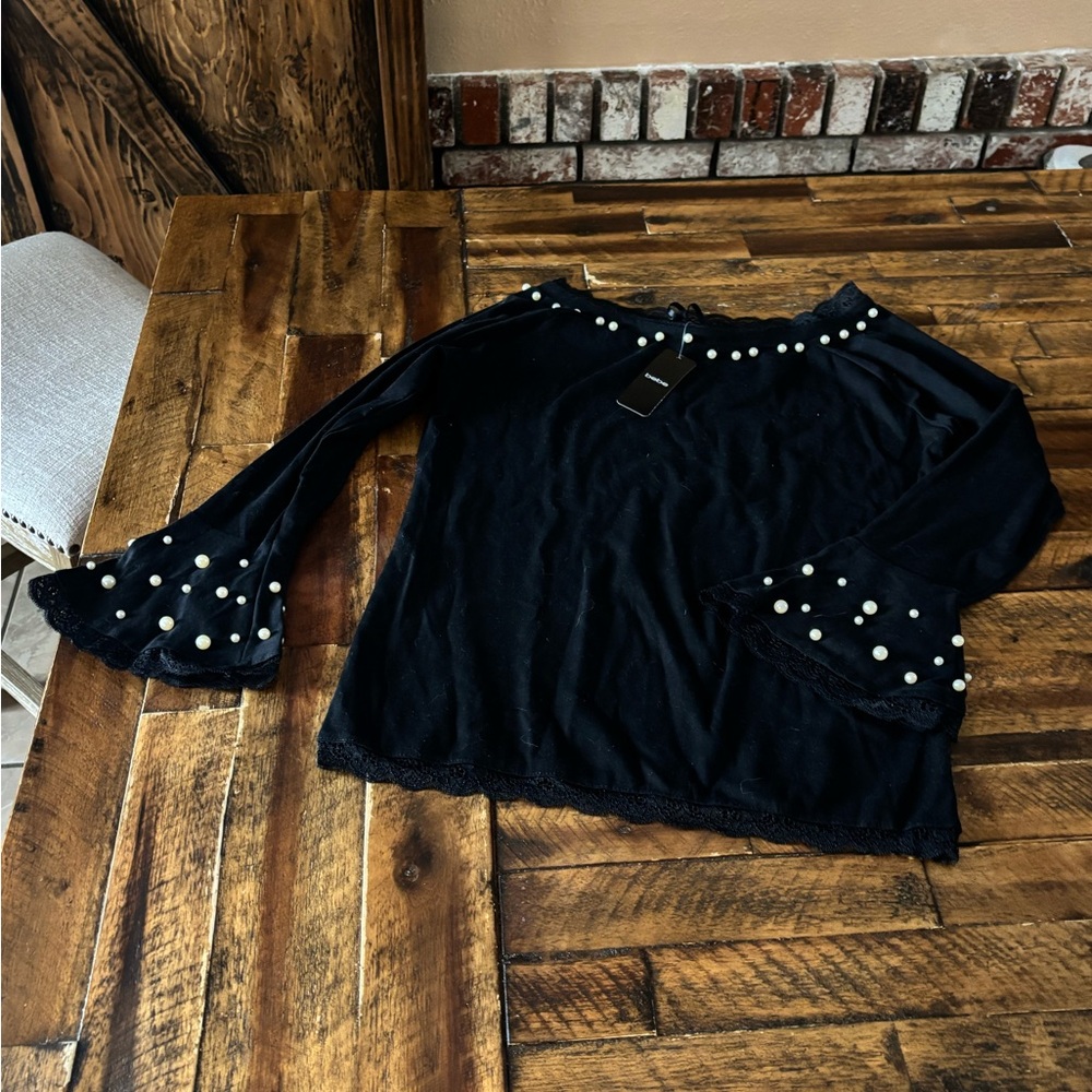 bebe Black Blouse with Pearl Accents